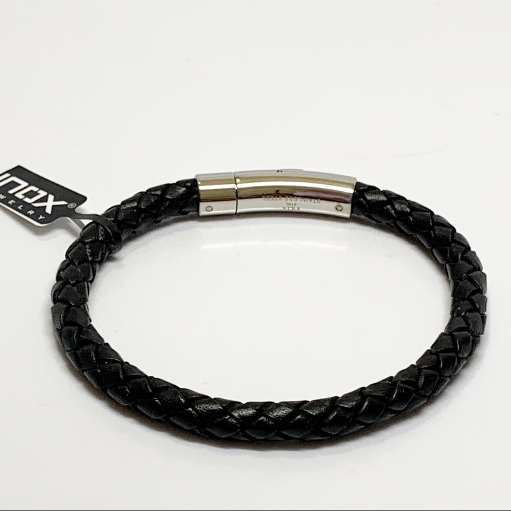 Inox Black Twist Leather Men Punk Bracelet
